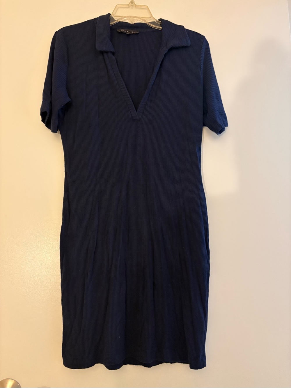 Dynamite Navy Ribbed V-Neck Short Sleeve Ribbed Dress